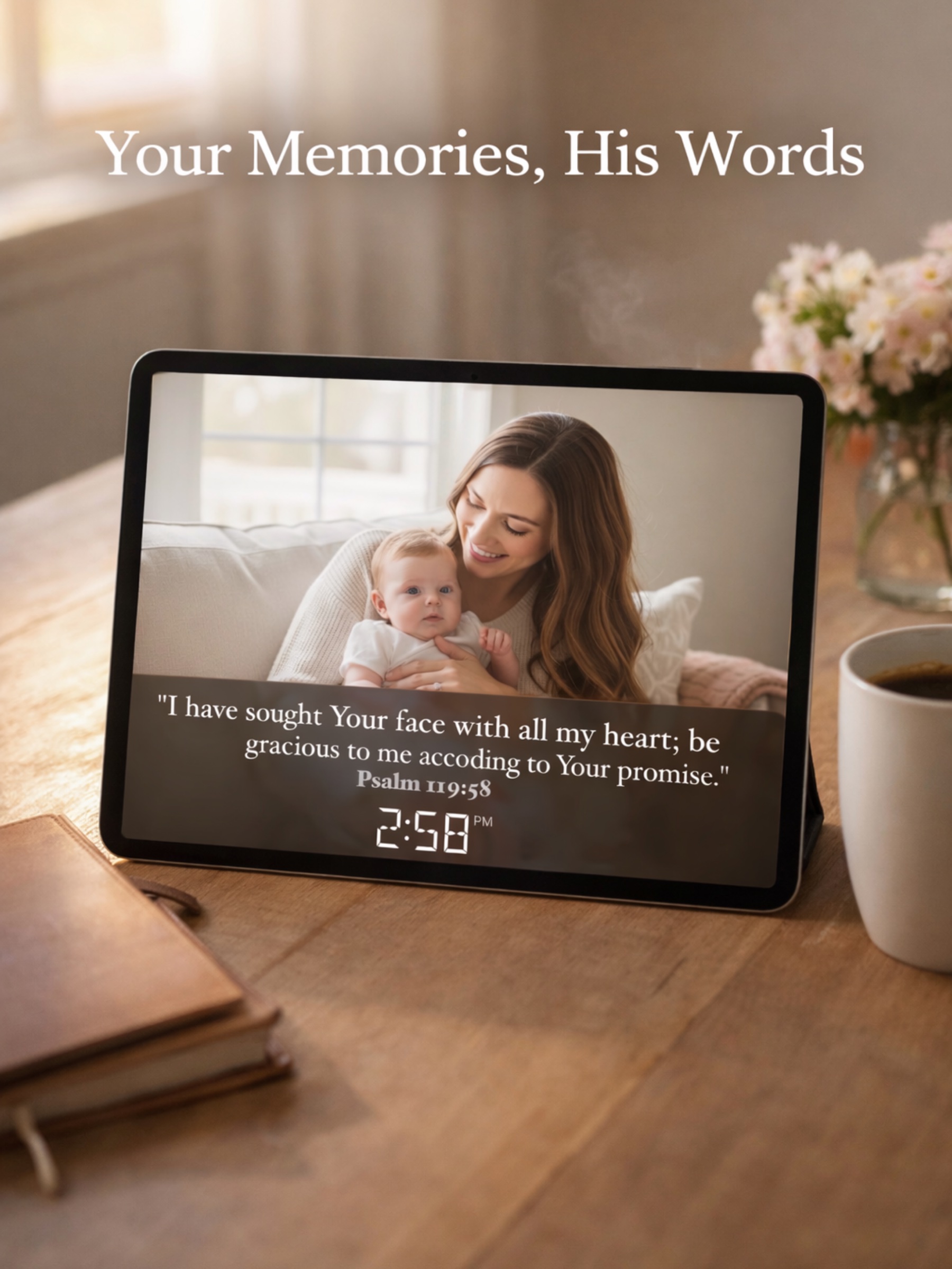 FaithClock on an iPad showing Psalm 119:58 over a photo of a mother and baby, on a cozy table with coffee and flowers